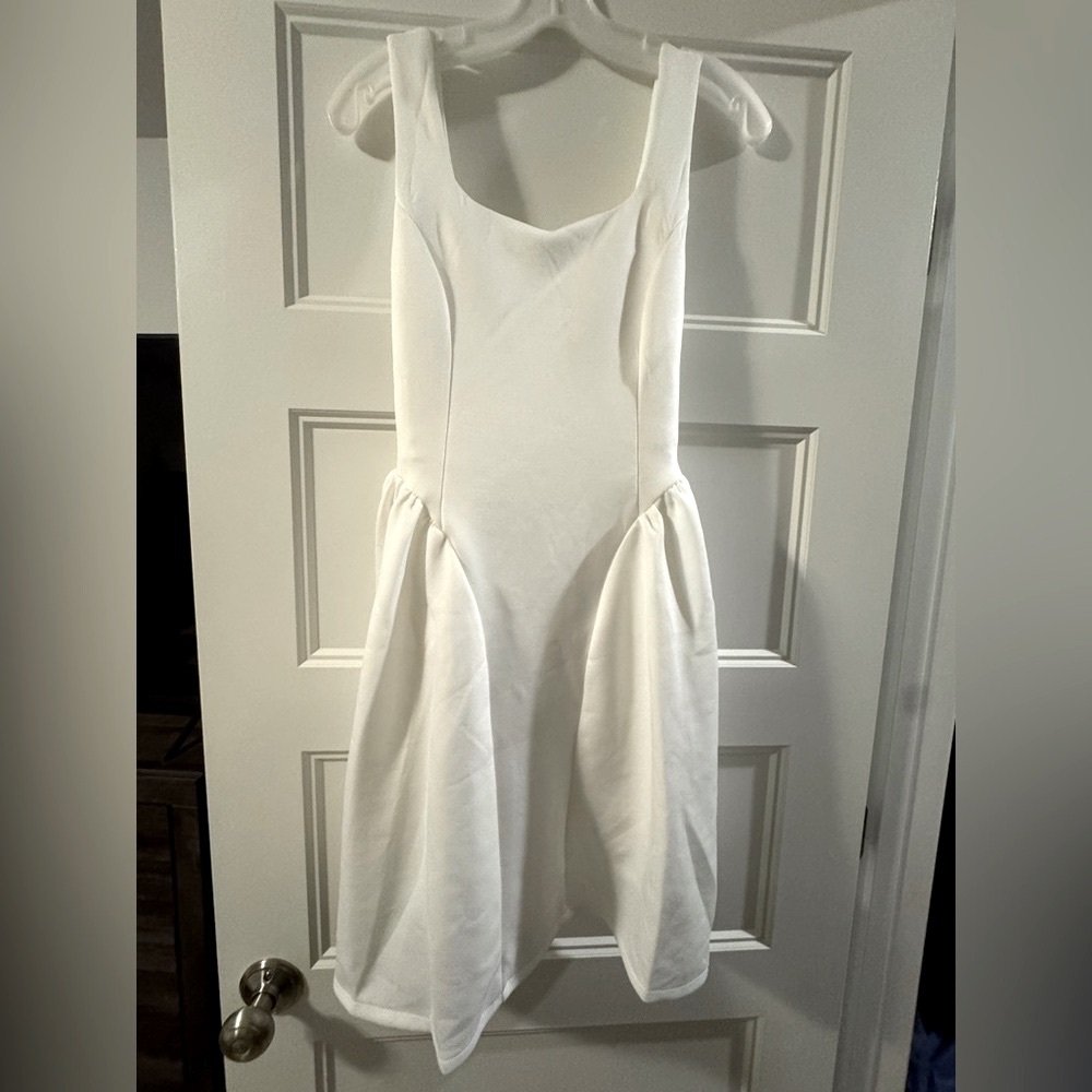 White Sleeveless Rushed Back Bow Dress. Offers welcome.
